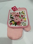 Pink Floral Heart And Polka Dot Quilted Pot Holder Oven Mitt Set. Fixed Price $9.95.