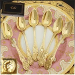 Antique French 18K Vermeil 6PC Coffee Or Teaspoon Set, "cafe" Inlay Box, "dean". Fixed Price $445.50.