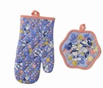 Disney Mickey & Minnie Blue Floral Oven Mitt Pot Holder Set 2 Pc. Fixed Price $19.95.