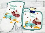 3PC Kitchen Set Hello Fall Pumpkins Barn Pick Up Truck 2 Pot Holders & Oven Mitt. Fixed Price $9.74.
