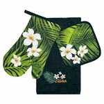 Hawaii 3 Piece Kitchen Set Dish Towel Potholder Oven Mitt Plumeria Flower Maui. Fixed Price $21.95.