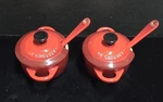 Brand Le Creuset Cerise Condiments Pot With Spoons Stoneware Free Ship. Fixed Price $85.00.