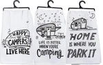 Primitives By Kathy Set Of 3 Dish Towels, Happy Campers, Park It, Better Camping. Fixed Price $17.99.