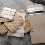 Beige & White Kitchen Linen Set: Oven Mitts, Potholders, Towels, Dishcloths. Fixed Price $19.99.