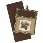 Pinecone Sprig Plaid Potholder & Kitchen Hand Towel Gift Set. Fixed Price $19.95.