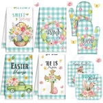 8 Pcs Easter Kitchen Towels Oven Mitts And Pot Holder Sets Happy Flora.... Fixed Price $19.67.