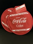 Coca-cola 2 Piece Red 9 Inch Round Pot Holder Set Coke Logo Retro Look! New!. Fixed Price $9.95.