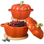 Set Of 2 Ceramic Pumpkin Bowl With Lid 15 Oz Pot Insulated Pads .... Fixed Price $41.42.
