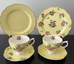 Brew To Tea Yellow With Pink Roses Cups & Saucers Matching 8" Plates Btat. Fixed Price $24.99.