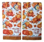 Set Of 2 Harvest Pumpkins Welcome Fall Terry Kitchen Towels By Kay Dee Designs. Fixed Price $18.95.