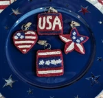 Patriotic Beaded Star & Stripes Red White Blue Tablecloth 4 Clip-on Weights. Fixed Price $22.99.