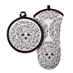 Fiesta Skull & Vine Oven Mitt Pot Holder Set, Multi-colored 6.5"X13"; 8"X8". Fixed Price $23.72.