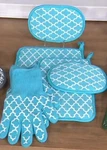 Temptations Teal Trellis 6PC Gloves Mitts Trivets Cooking Essential Set. Fixed Price $48.00.