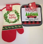 Christmas Kitchen Happy Holidays 3 Piece Set Oven Mitt & 2 Pot Holders. Fixed Price $10.00.