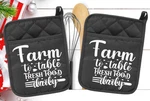 Set Of 2 Farm Table Fresh Food Daily Pot Holders Oven Mitts Gift SVG109. Fixed Price $16.99.