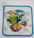 Vtg. 80S Kay Dee Tropical Fish Reef Square Pot Holder Blue Trim Vibrant Colors. Fixed Price $12.75.
