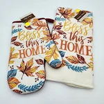 Fall Leaves Kitchen Towel Oven Mitt Set Bless Home Autumn Harvest Terry. Fixed Price $8.00.