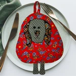 Dog Potholder: Red Floral Handmade Kitchen Accessories - Oven Mitts. Fixed Price $25.00.