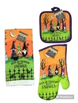 Halloween Kitchen Towel Oven Mitt & Pot Holder Set Of 4 Trick Treating Gnomies. Fixed Price $14.95.