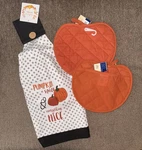 Orange Pumpkin-shaped Pot Mitts With Hanging Button Closure Gray Polk Dot Towel. Fixed Price $13.95.