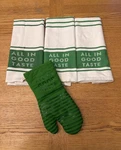 3 Kate Spade All In Good Taste Dish Towels And Oven Mitt Green White. Fixed Price $28.00.