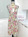 Laura Ashley Aveline Chef Apron & Oven Mitts Pink Green Romantic Roses Nwt. Fixed Price $25.99.