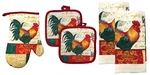 5 Pc Set: 2 Pot HOLDERS,1 Oven Mitt W/red Back & Towels, Farm Rooster By Kc. Fixed Price $14.99.