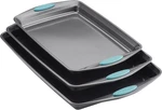 Bakeware Nonstick Cookie Pan Set, 3-PIECE, Gray With Agave Blue Grips. Fixed Price $55.87.