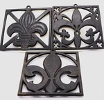 Set Of 3 Vintage Cast Iron Fleur De Lis Trivets Square W/ Feet And Hanging Loop. Fixed Price $34.99.