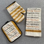 Fall Kitchen Towel Oven Mitt & Pot Holder Set Of 3 Glitter Sayings Nwot. Fixed Price $12.24.