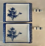 Set 2 Sushi Plates 8.5" X 6" Bamboo Motif Blue & White Dishes W/ Chopstick Rests. Fixed Price $24.99.