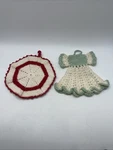 Set Of Two Hand Made Crocheted Lady The Town Pot Holder Octagon. Fixed Price $11.00.
