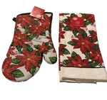 Christmas Oven Mitt & Kitchen Towel Red Gold Poinsettias Holiday Cotton. Fixed Price $8.99.