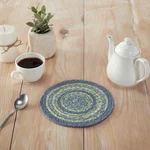 Jolie Jute Trivet 8" Country Primitive Natural Sky Blue Sea Grass Green Cream. Fixed Price $10.95.
