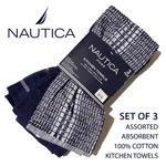Set Of 3 New Nautica Home Assorted Kitchen Towels Blue White Red Plaid Striped. Fixed Price $19.99.