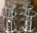 Berghoff Glass Coffee Cups Set 6 With Stainless Steel Holders, 4" Tall. Fixed Price $20.00.