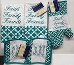 5PC Kitchen Set: Pot HOLDERS,1 Oven MITT,2 Towels,faith Family Friends,aqua,gr. Fixed Price $15.99.