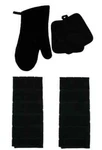 Black Kitchen Linen 5PC Quilted Set Towels Potholders Oven Mitt Free Shipping. Fixed Price $26.99.