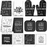 Kitchen Set 12 Piece Black White Dish Oven Mitts Pot Holders. Fixed Price $24.04.