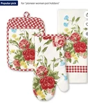 Pioneer Woman Sweet Rose Kitchen Towel Oven Mitt Potholder Red Floral 3-PC Gift. Fixed Price $16.99.