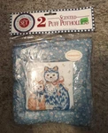 Two Vintage Cecil Saydah Puff Potholders Blue Print Cats Design Unopened. Fixed Price $9.99.