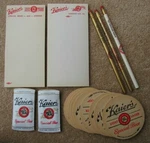 Old Kaier's Beer Items 2 Note Pads 3 Pencils 10 Coasters Can Rain Hats Lot. Fixed Price $14.99.
