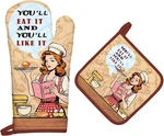 Retro Housewife Oven Mitts And Pot Holders Sets, Cotton Heat. Fixed Price $11.99.