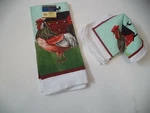 Two Scrubber Rooster Dishcloths With One Matching Kitchen Towel. Fixed Price $8.95.