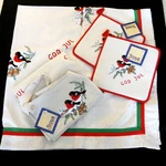 Norwegian God Jul Merry Christmas Set 46" Sq. Table Cloth Apron Pot Holders. Fixed Price $48.95.