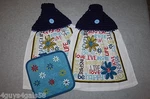 Kitchen Set Two Hanging Crochet Towels Hot Pad Blue Black Live Laugh Love Flower. Fixed Price $12.99.