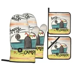Happy Camper Oven Mitts And Pot Holders Sets Of 4,RESISTANT Hot Pads With Pol.... Fixed Price $37.97.
