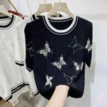 New Hand-beaded Hot Crystal Ice Silk Knitwear Women Short Half-sleeve Top. Fixed Price $35.59.