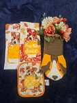 Fall Dog Cotton Oven Mitt, Potholder & Tea Towel 3PC Set, Orange Brown White. Fixed Price $50.00.