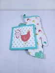 New Bob Evans Chicken Theme Oven Mitt & Pot Holder Turquoise Pokedot. Fixed Price $20.00.